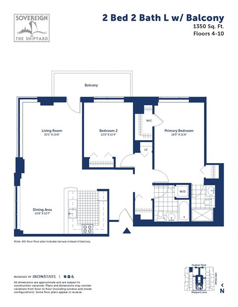 Floor plan for 2 beds, 2 baths, 1350 sqft